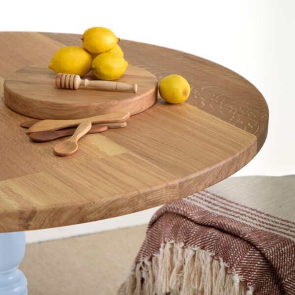 Cheshire oak round table painted in Lulworth Blue